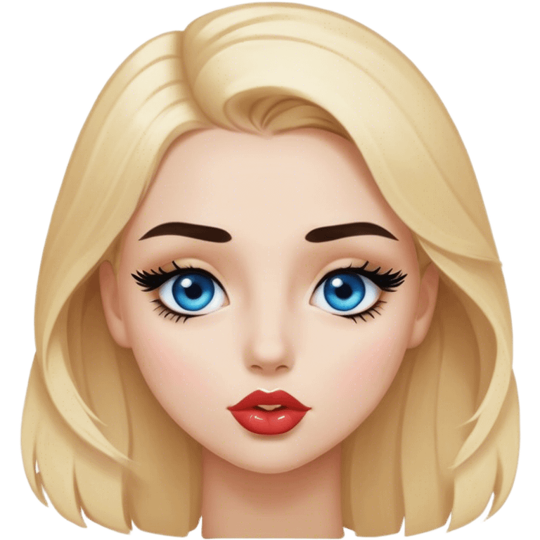 face of blonde girl with with light brown brows, black eyelashes and blue eyes, wearing black body send a kiss  emoji