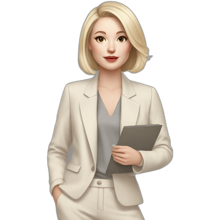 pale skin woman with ash blonde Straightened bob Hair, White Spacious classical jacket, beige palazzo Arrow pants and gray blouse holding a color palette in the hands emoji