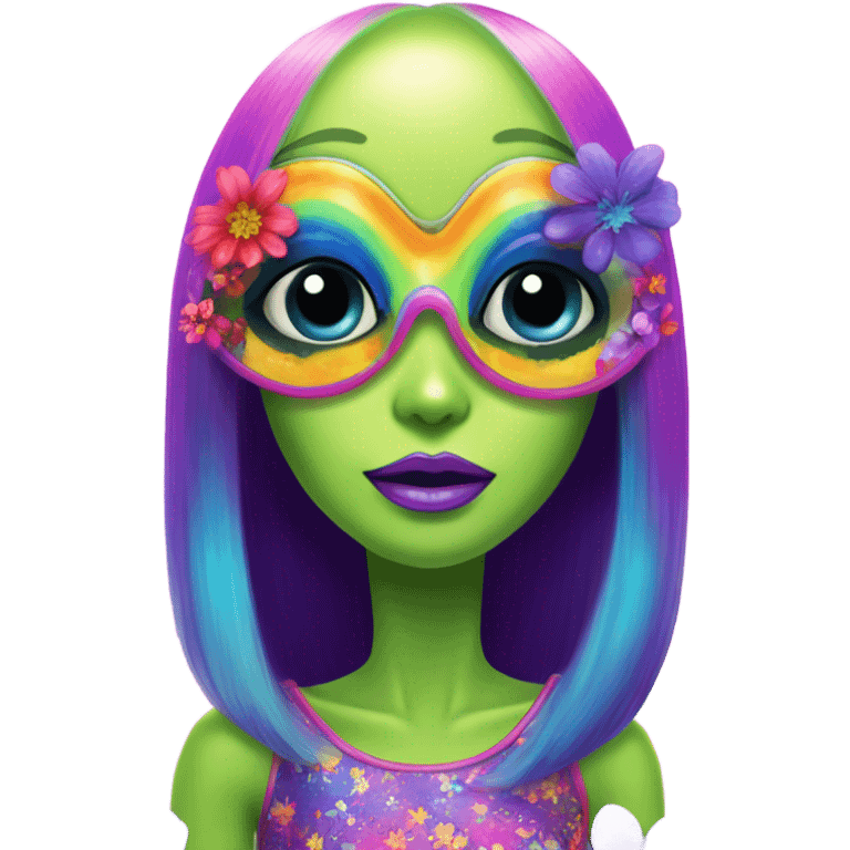 Lisa frank alien with big oval head and big black eyes with flowers emoji