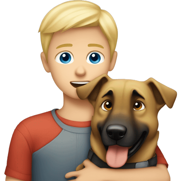 blond boy with blue eyes who hugs his Malinois tightly because he is afraid  emoji