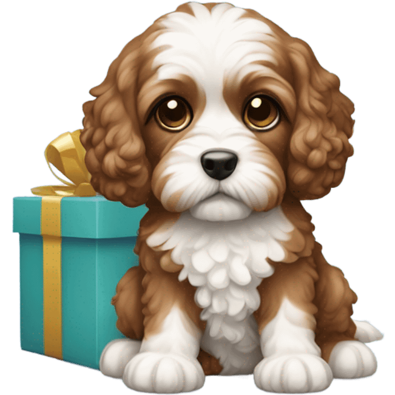 Brown and white cavapoo and gift box emoji