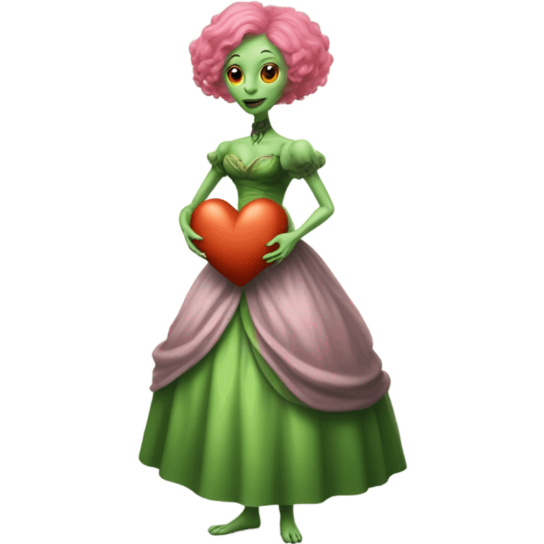 a green alien woman in Victorian orange dress, pink hair,holdig, red big hearth, full body emoji