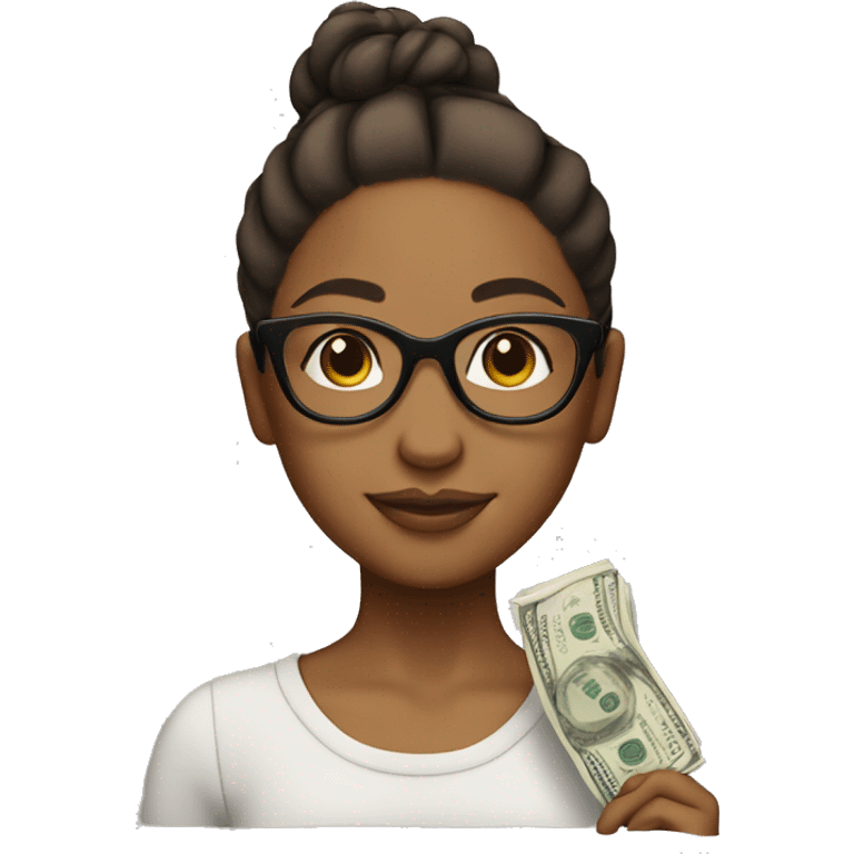 Brown girl holding money with glasses on and her hair in a bun emoji