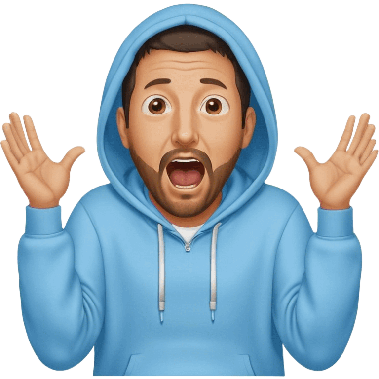 Adam Sandler with a beard in a baby blue hoodie, the hood on, screaming with the arms wide spread like ‘i don’t know’ emoji