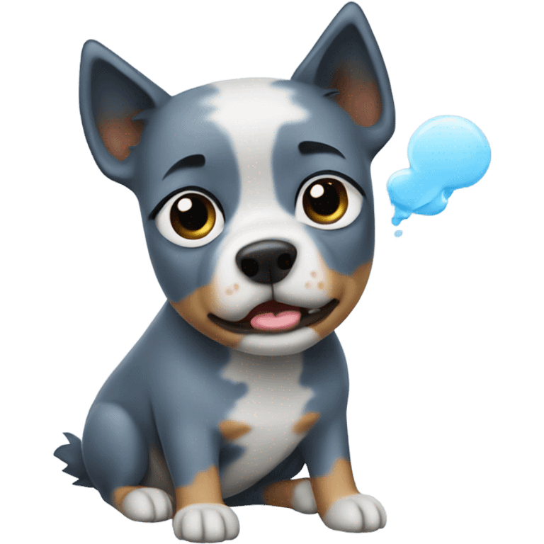 Blue heeler with a fart cloud emoji