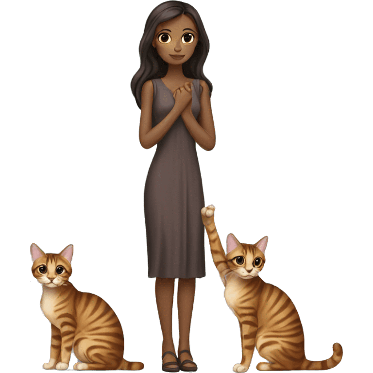 Beautiful skinny woman long dark brown hair in dress hug bengal cat emoji