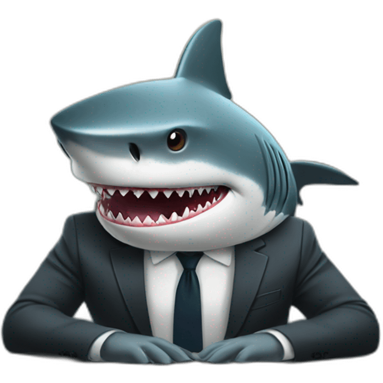 A shark sitting at a table wearing a suit looking straight ahead emoji