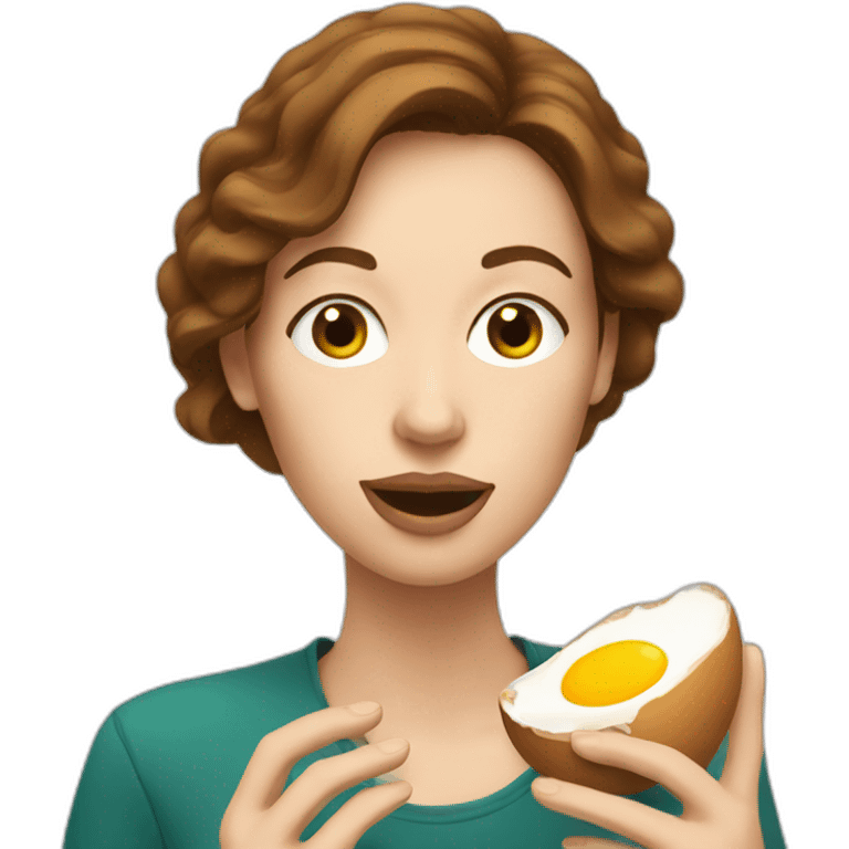 White Woman with brown hair eats eggs emoji