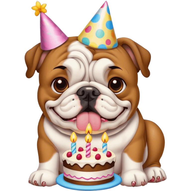 Bulldog with birthday hat and cake emoji