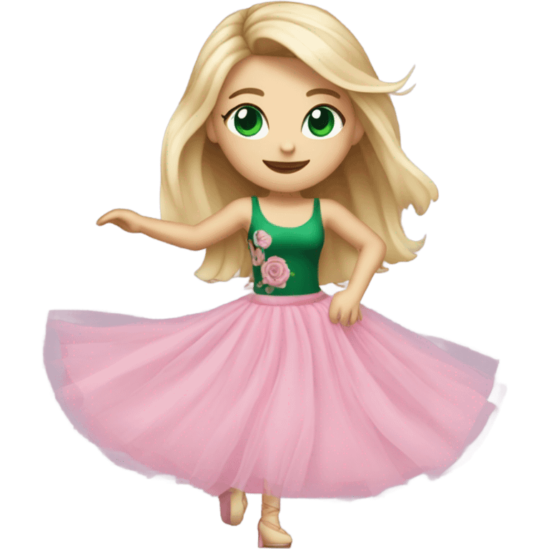 Realistic White girl with Long straight blonde hair, green eyes, tattoos, full body wearing pink tulle dress, dancing emoji