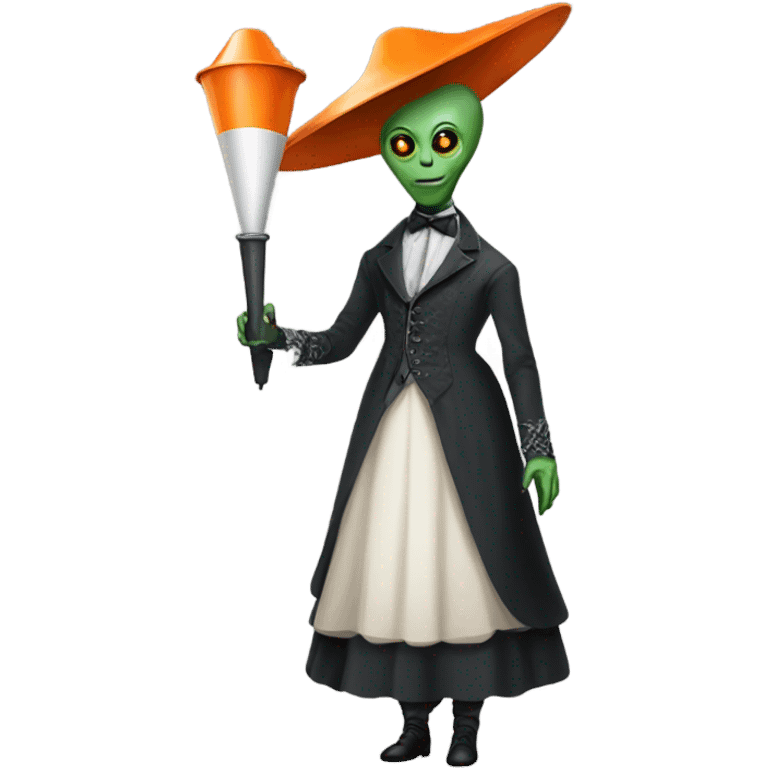 alien galora in Victorian dress elegant, full body, holding big traffic cone emoji