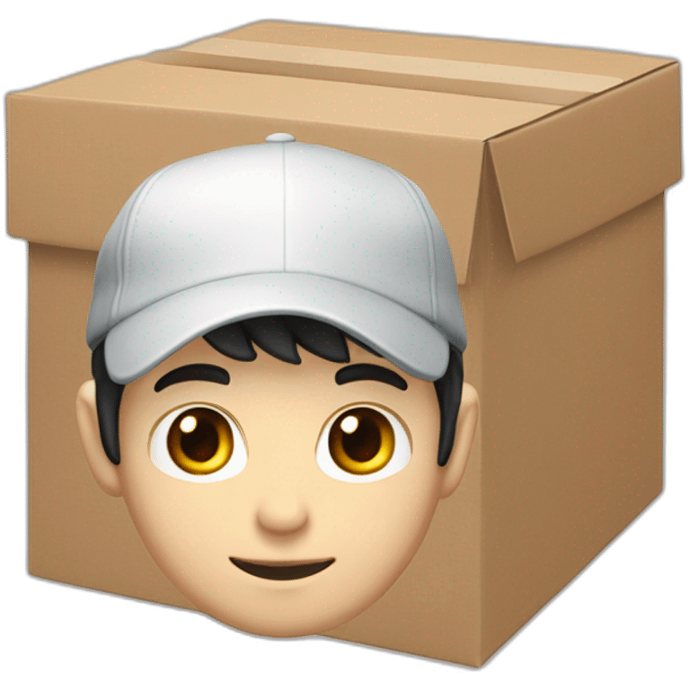 Pale skinned Man with black hair in a white cap and dark gray polo T-shirt with a box into his hands emoji