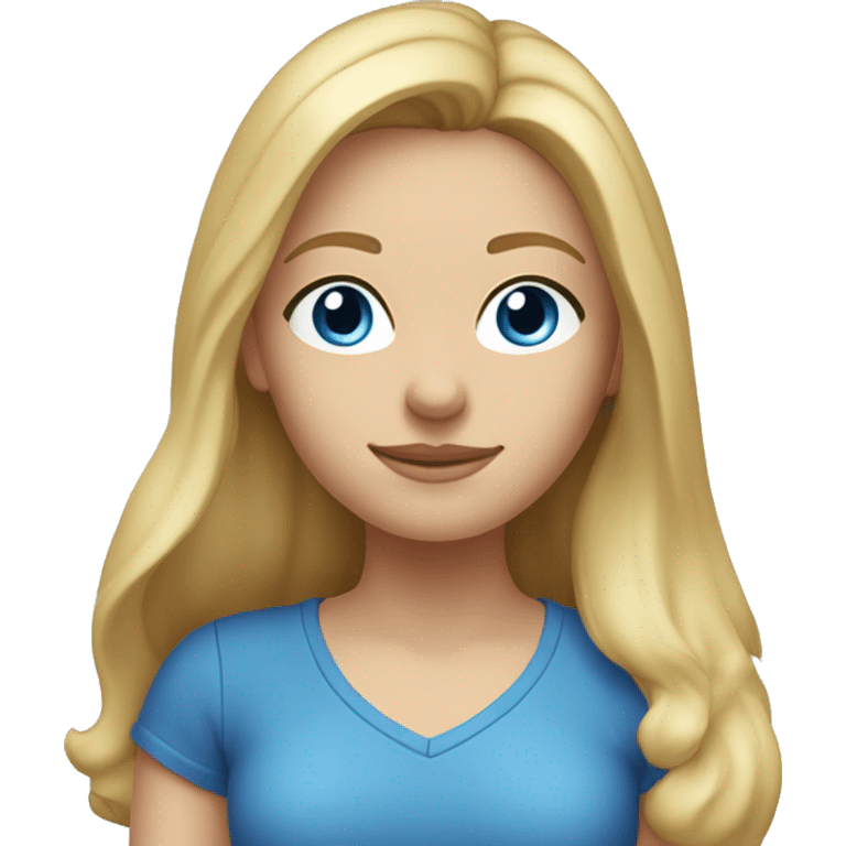 A head and shoulders shot of a 32 year old Caucasian woman, with long blonde hair,   with blue eyes wearing a t-shirt. emoji