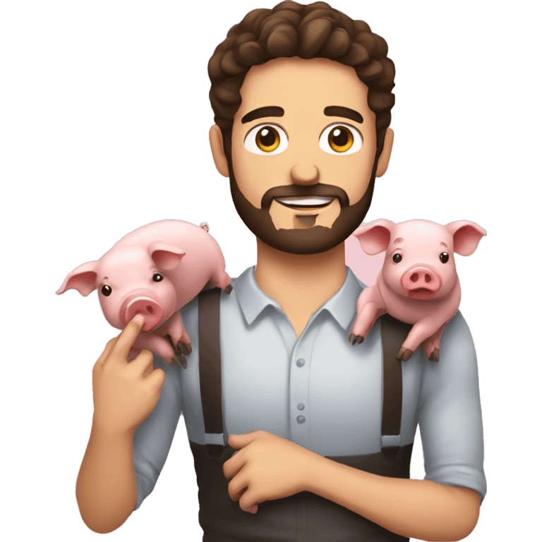 Brunette man with beard holding a pig and has a lot of bacon around  emoji