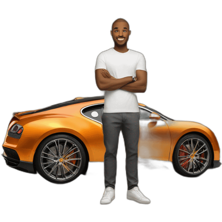 Andrew tate standing in front of a Orange-gold Bugatti  emoji