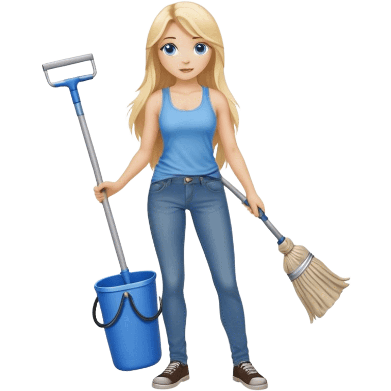  blonde with long hair and blue eyes, dressed in jeans and a tank top, holding a mop in her hands emoji