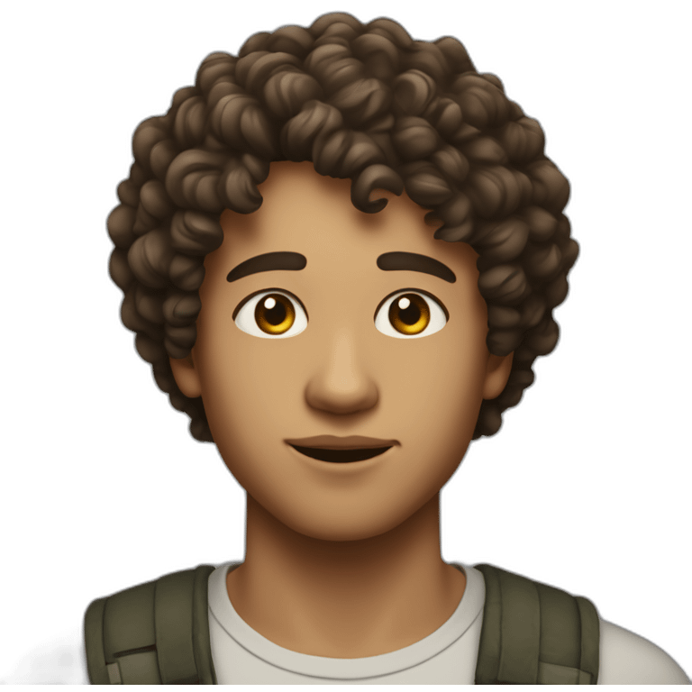 Twenty-something boy with forward-cropped, slightly curly hair, short at the sides, multicolored eyes. emoji