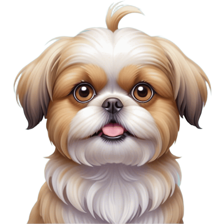 Cinematic Comical Shih Tzu Portrait Emoji, Head cocked with a hilariously exaggerated, shocked expression and twinkling, comically wide eyes, showcasing a fluffy, luxurious fur in soft pastel tones, simplified yet whimsically detailed, glowing with a playful, sassy radiance, high shine, exuding a humorous and cheeky charm, styled with a soft glowing outline, capturing the essence of a Shih Tzu that looks as if it could burst into a fit of playful antics at any moment! emoji