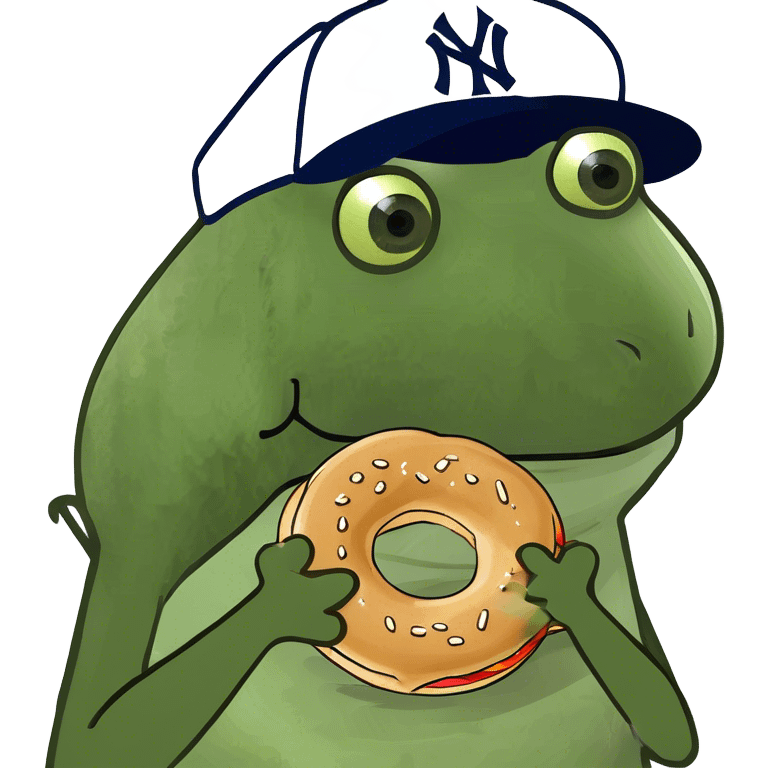 wearing a yankees hat, holding a bagel emoji