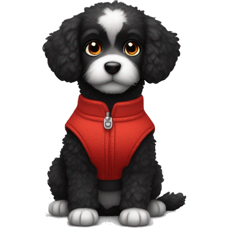 small completely black fluffy puppy wearing red vest emoji