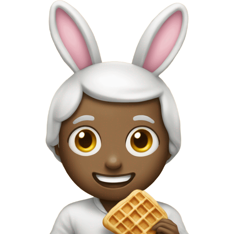 A boy dressed as a bunny eating a waffle emoji