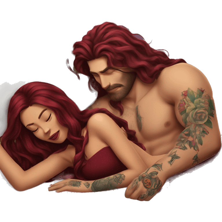 Beautiful tattooed burgundy long haired woman laying on the boyfriends chest emoji