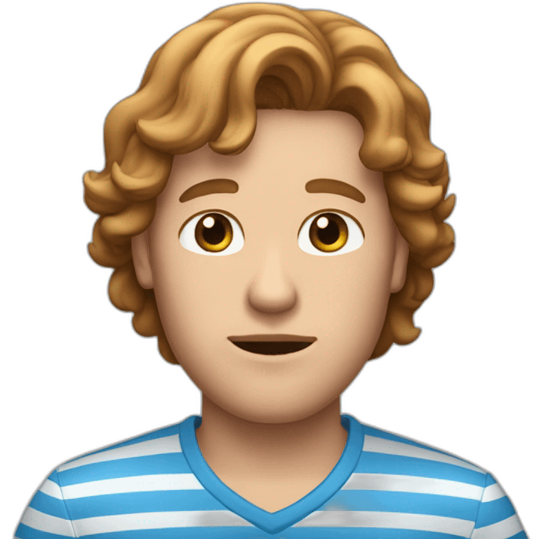 a male white human with brown puffy  hair, a blue shirt with two pink stripes on it black pants and eyes-closed and mouth straight emoji