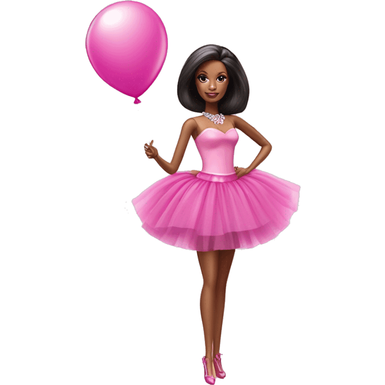 Barbie doll wearing a pink tutu dress , full body image holding a balloon and wearing a party hat  emoji