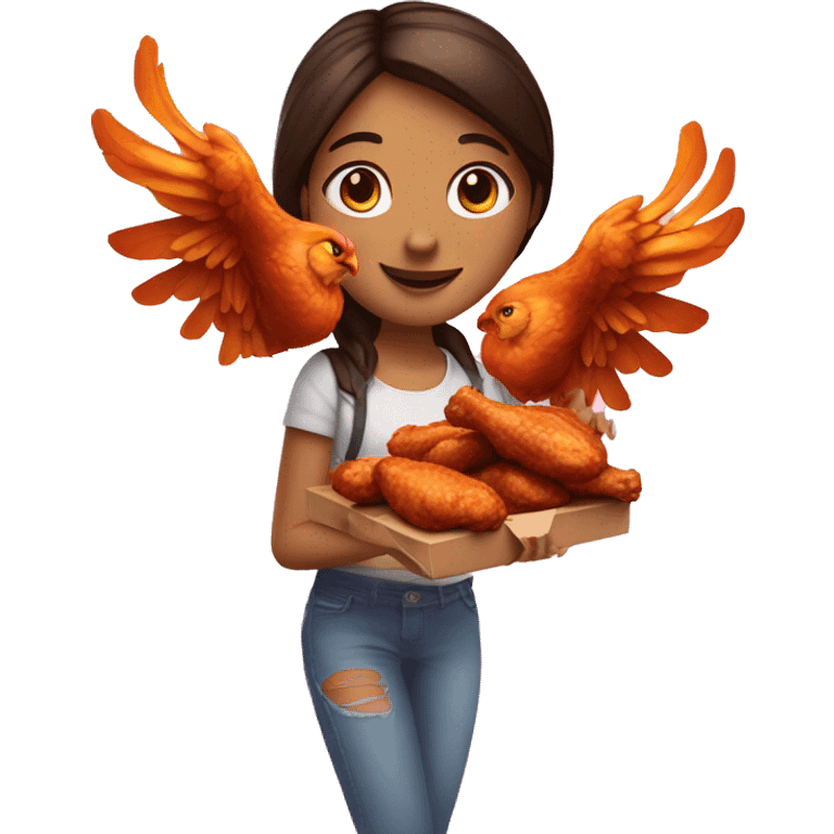 a girl flying with two bbq chicken wings on her back and holding two bbq chicken wings on her hand emoji