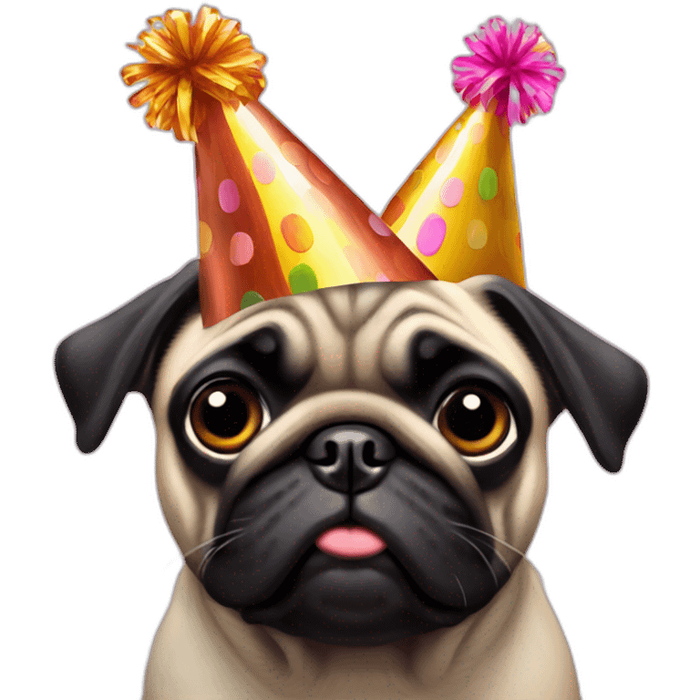 pug and black pug wearing birthday hat emoji