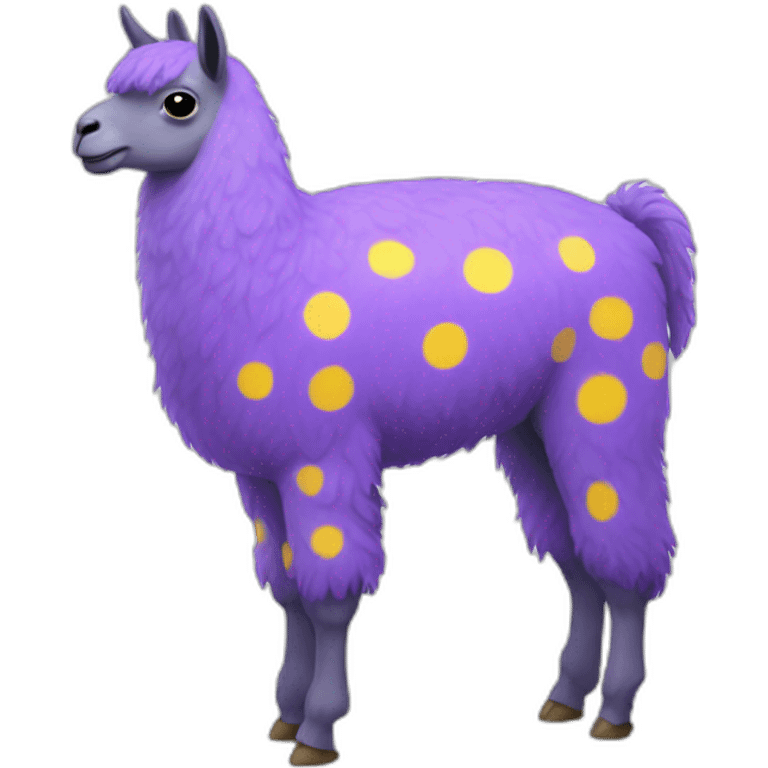 a purple llama with white spots with a yellow-blue mat on its back emoji