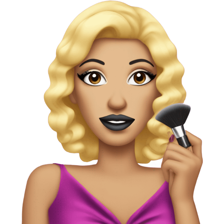 A drag queen, putting on blusher from a compact emoji