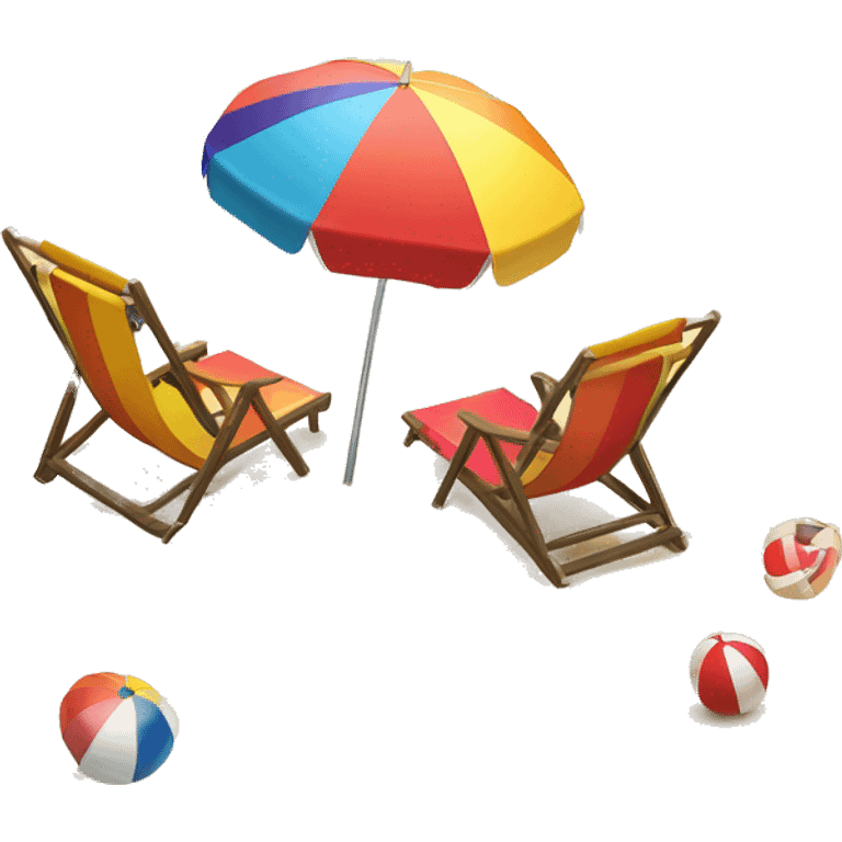 Beach umbrella with two beach chairs and a beach ball on the sand facing the sea emoji