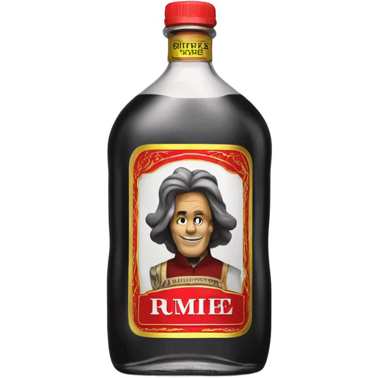 Tall clear alcohol bottle of “Rumple Minze” alcohol with black and red label emoji