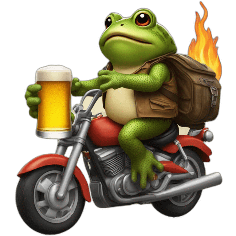 Toad in a motorbike with a beer in hand an fire souround emoji