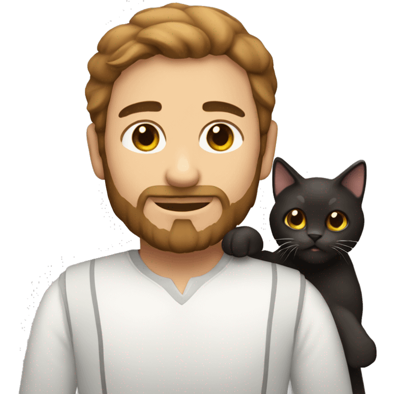 A white man with dark brown hair and beard holding calico cat emoji