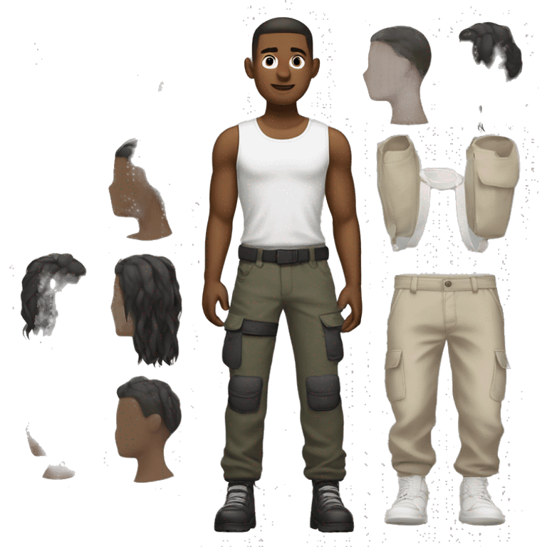 hair straight, white face colour, slender face, crop top with cargo pants and accessories, full body, men emoji