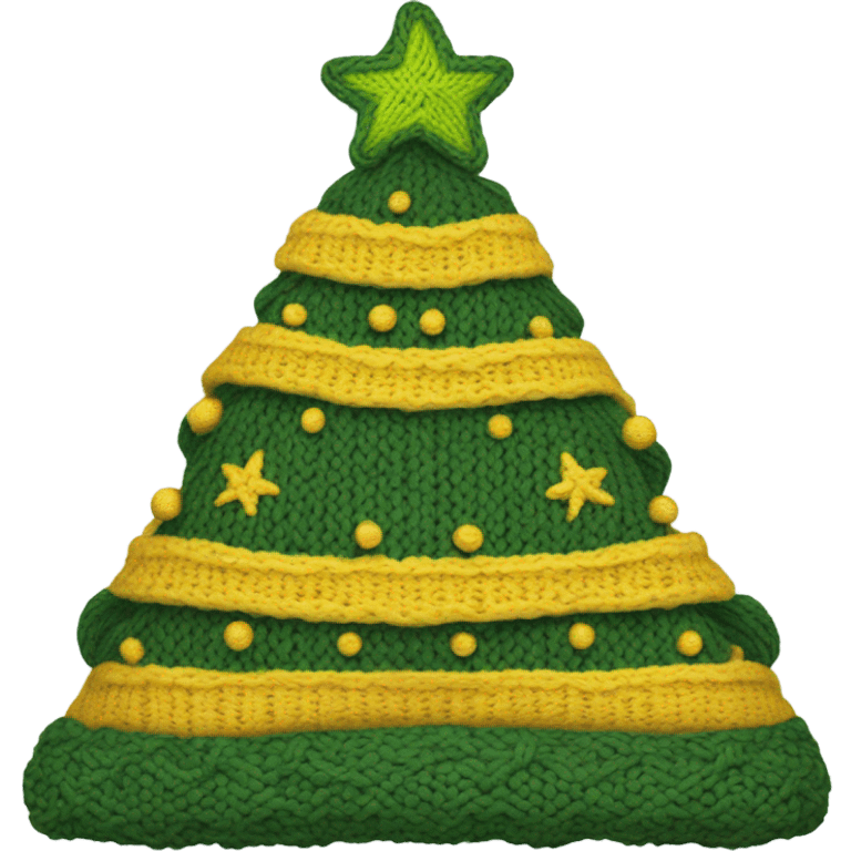 A knit hat like a Christmas tree，The bottom is wide enough for people to wear and has a yellow pentacle on top. The hat is divided into three parts horizontally by blue thread, and the whole hat has several small yellow, yellow and white wool balls. emoji