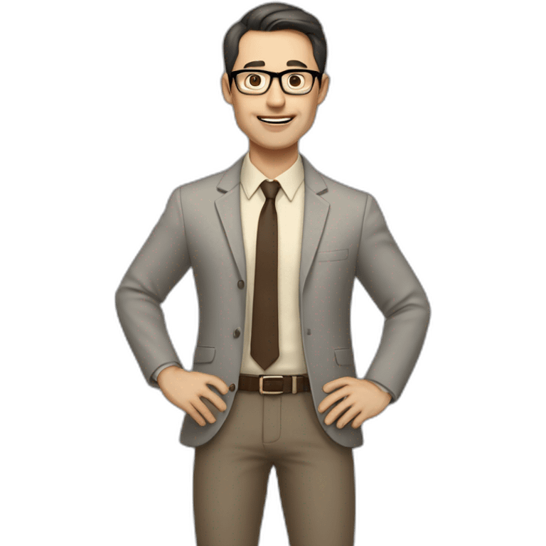 Full height Actively gesturing with hands Pale skinned fit man with dark brown hair in gray jacket, beige office shirt, brown tie, brown pants and vintage glasses. emoji