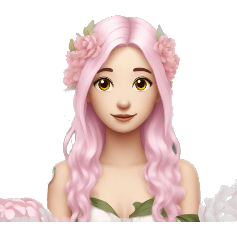 Beautiful, peony, fairy, white long, light pink hair, big wings, fair skin emoji