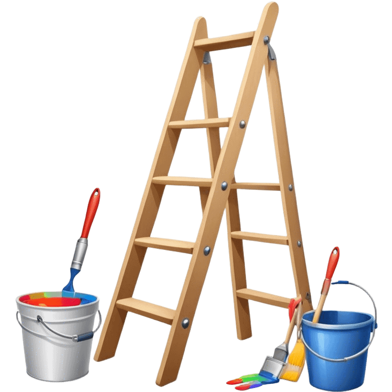 Wall painting icon. An unfinished painting painted on a white wall with no frame, visible paintbrushes, rollers, and a bucket of paint, wooden ladder beside, minimalistic style, clean lines, transparent background. emoji