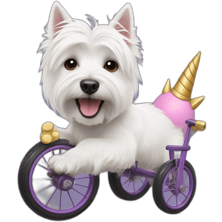 West Highland White Terrier as a unicorn on a tricycle emoji