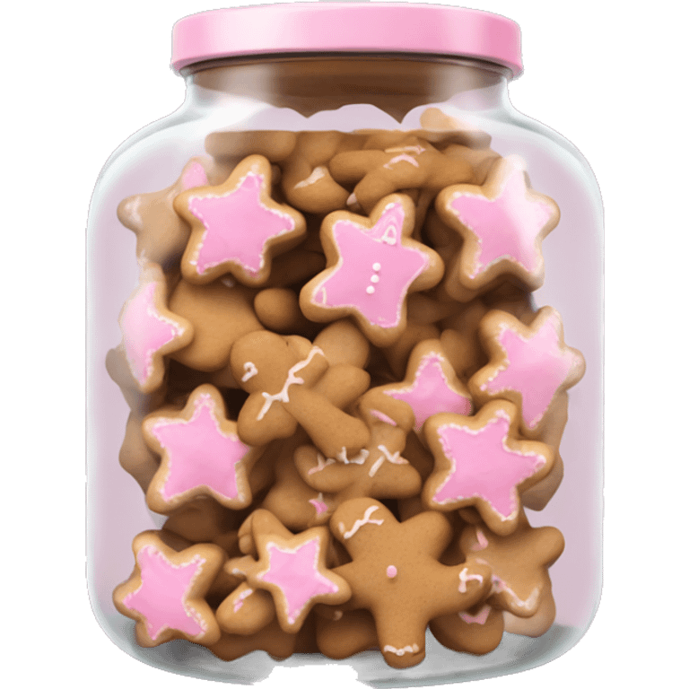 Realistic glass cookie jar with light pink lid full of gingerbread cookies isolated.  emoji