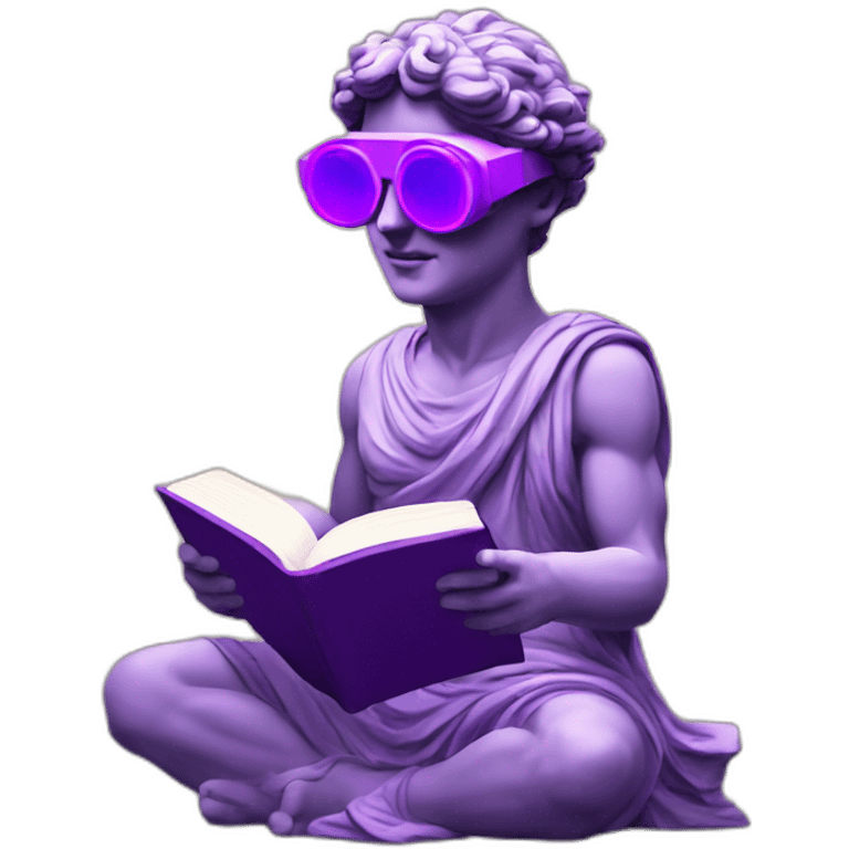 an EMOJI OF A ancient young greek statue reading a book, wearing VR glasses, purple colors, DIGITAL UNIVERSE emoji