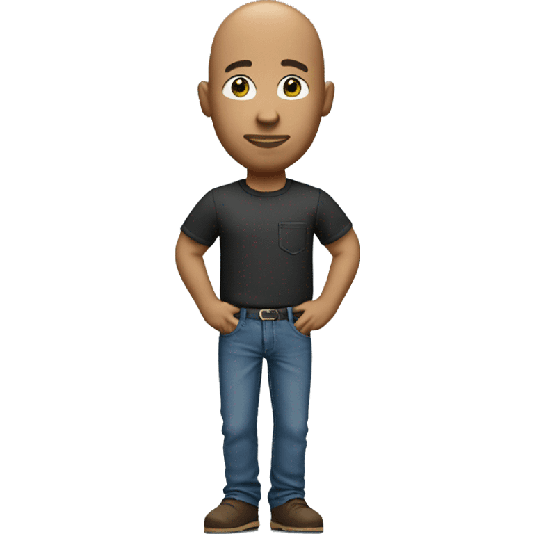 Standing bald man with a wine t-shirt with a pocket, jeans pants emoji