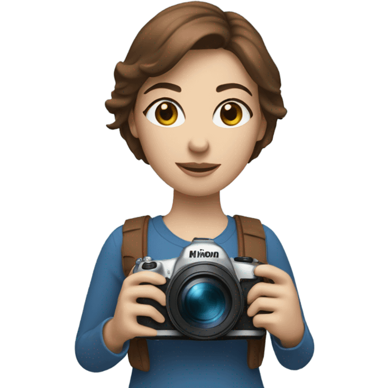 woman with brown short hair and blue eyes holding a nikon camera emoji