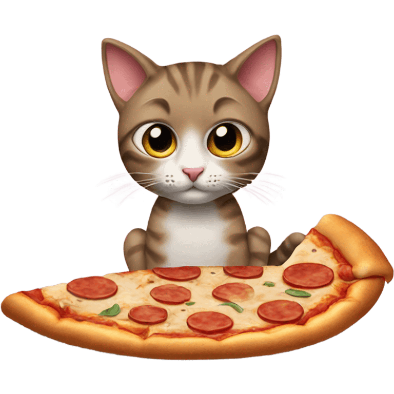 Cat sitting eating pizza with legs out emoji