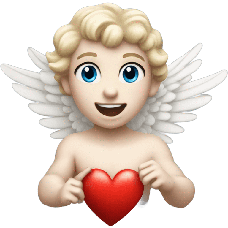 Realistic Photo of flying pale cupid with blue eyes and red heart arrow  emoji