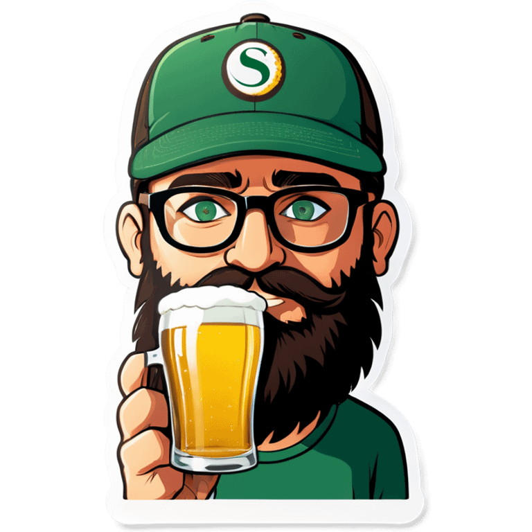 A man with a grey baseball cap, green eyes, big dark brown beard and glasses, drinking beer emoji