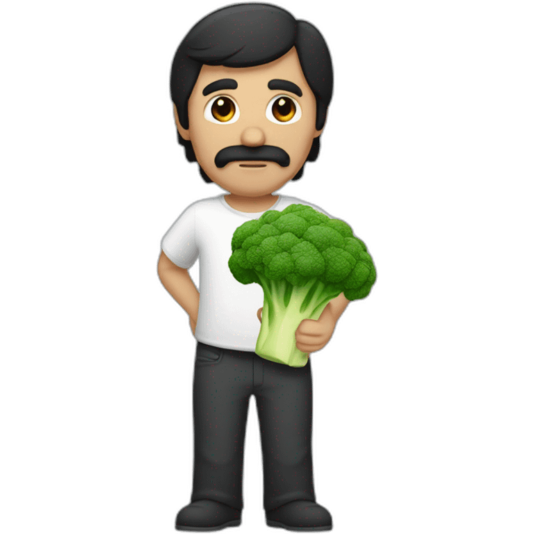 a slender mexican man with dark hair and scruff holding a broccoli emoji